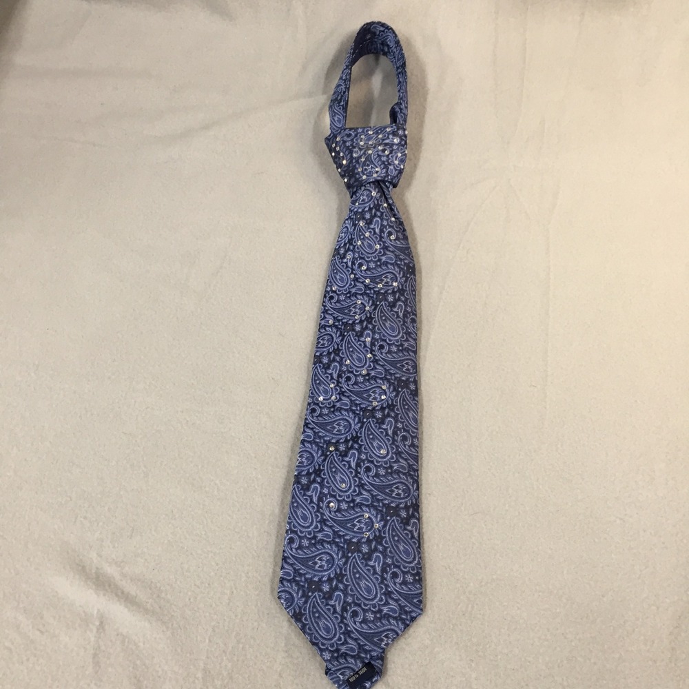 Meeting Street Mens Blue Paisley Silk Necktie Crystal Accents Hand Made Tie